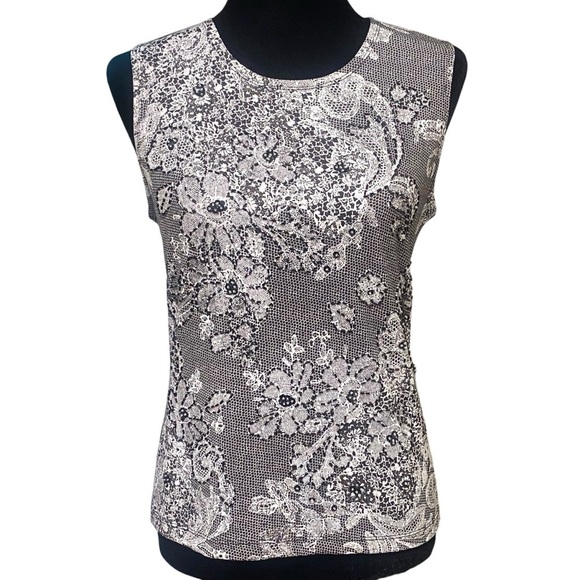 Lapis Beaded Sequin Floral Sleeveless Top Black White Party Y2K Large - Picture 1 of 8